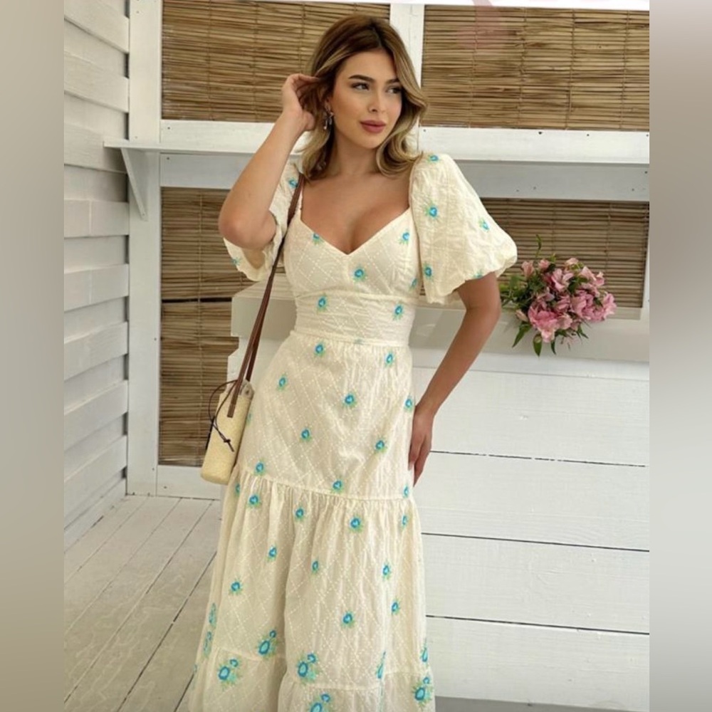 Embroidered Cream Dress with Blue & Green Floral Detail